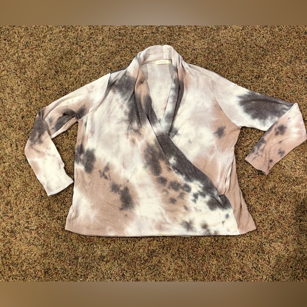 Entro Tie Dye Faux Wrap Long Sleeve Top Small Boho Neutral